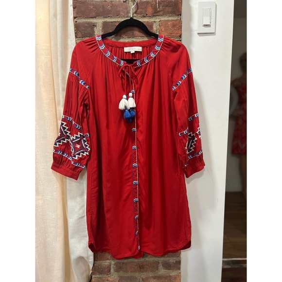 Womens AnnTaylor Loft Boho Red Aztec Print Embroidered Shift Dress Red S… - Picture 3 of 7